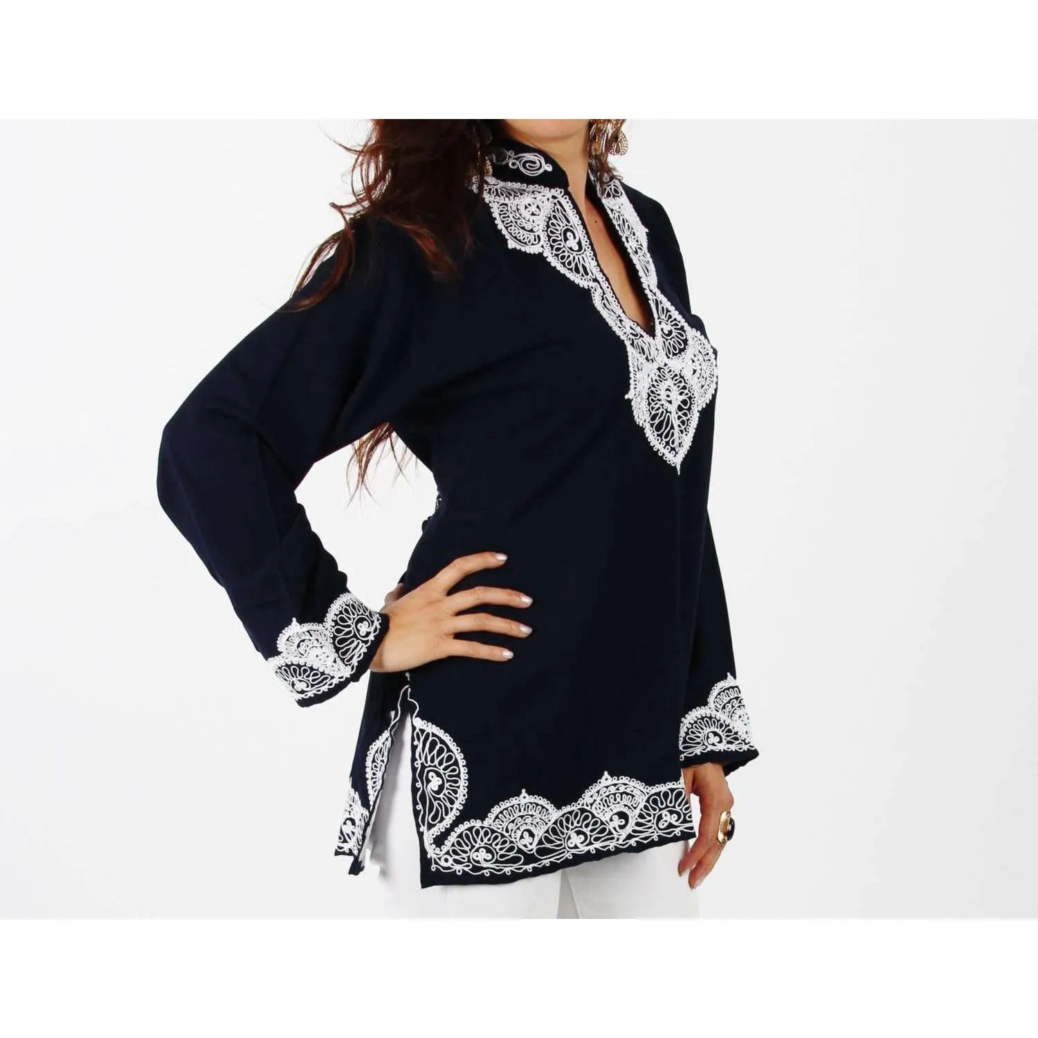 Navy Tunic with White Embroidery-Salma Style