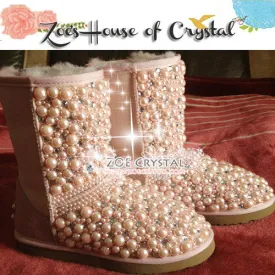 New Year Sales 20% off - Winter Promotion Bling and Sparkly Pink Pearls SheepSkin Wool BOOTS w shinning Czech or Swarovski Crystals