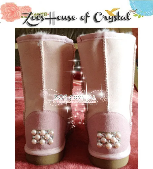 New Year Sales 20% off - Winter Promotion Bling and Sparkly Pink Pearls SheepSkin Wool BOOTS w shinning Czech or Swarovski Crystals