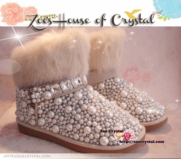 New Year Sales  Sales 20% off - Winter Promotion Bling and Sparkly White Rabbit Fur SheepSkin Wool BOOTS w shinning Crystals and Pearls