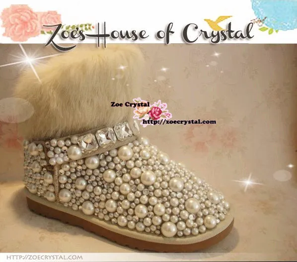 New Year Sales  Sales 20% off - Winter Promotion Bling and Sparkly White Rabbit Fur SheepSkin Wool BOOTS w shinning Crystals and Pearls