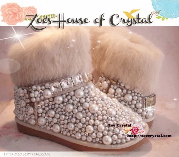 New Year Sales  Sales 20% off - Winter Promotion Bling and Sparkly White Rabbit Fur SheepSkin Wool BOOTS w shinning Crystals and Pearls