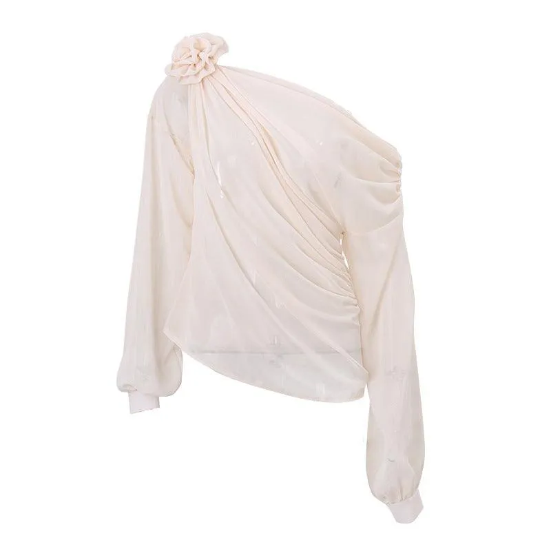 One-Shoulder Rose Accent Drape Blouse