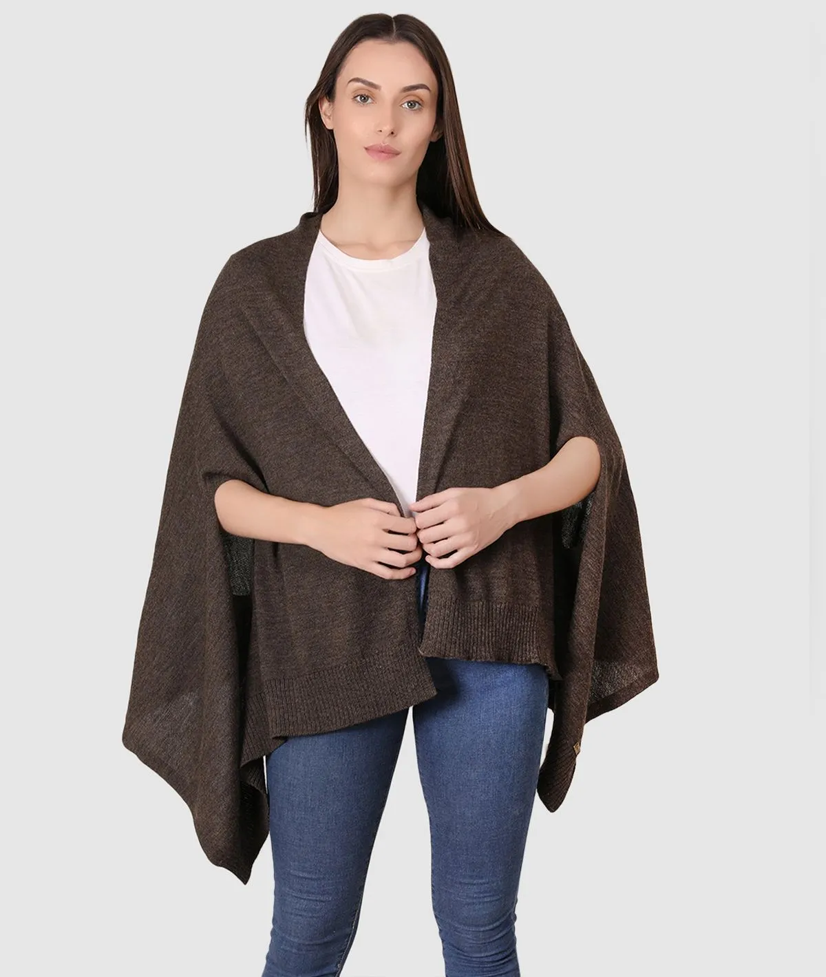 Palma Merino Wool Knitted Fashion Poncho / Cape for Everyday Chic Look (This Size Fits Most) (Dark  Brown)