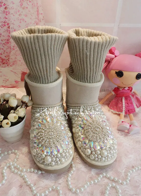 PROMOTION WINTER Beige Knit Sheepskin Fleech/Wool Boots with shinning and stylish CRYSTALS