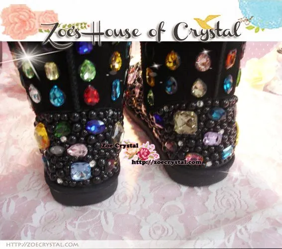 PROMOTION: WINTER Bling and Sparkly Black SheepSkin Wool Boots w Black Pearls embroided with Colorful Czech / Swarovski Rhinestones