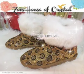 PROMOTION WINTER Bling and Sparkly Leopard Strass SheepSkin Cuff Wool BOOTS w shinning Czech or Swarovski crystal