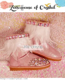 PROMOTION WINTER Pink Metallic Wool Boots with shinning and stylish Rhinestones and White Feathers