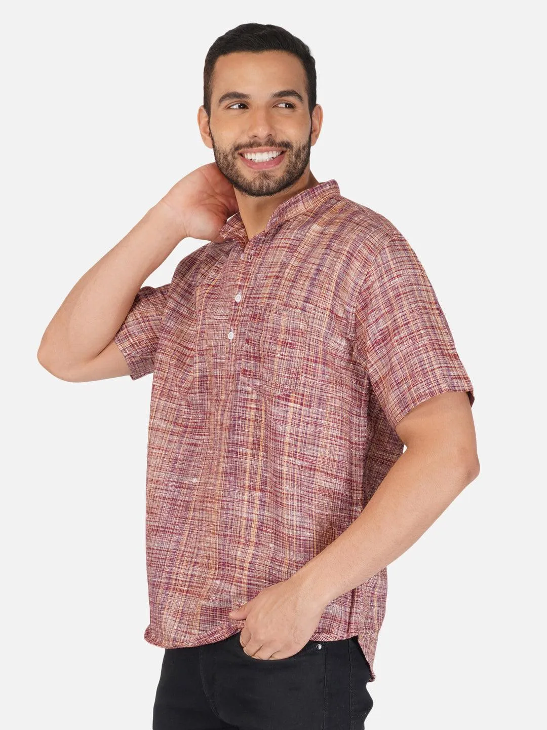 Pure Khadi Short Kurta in Maroon Color