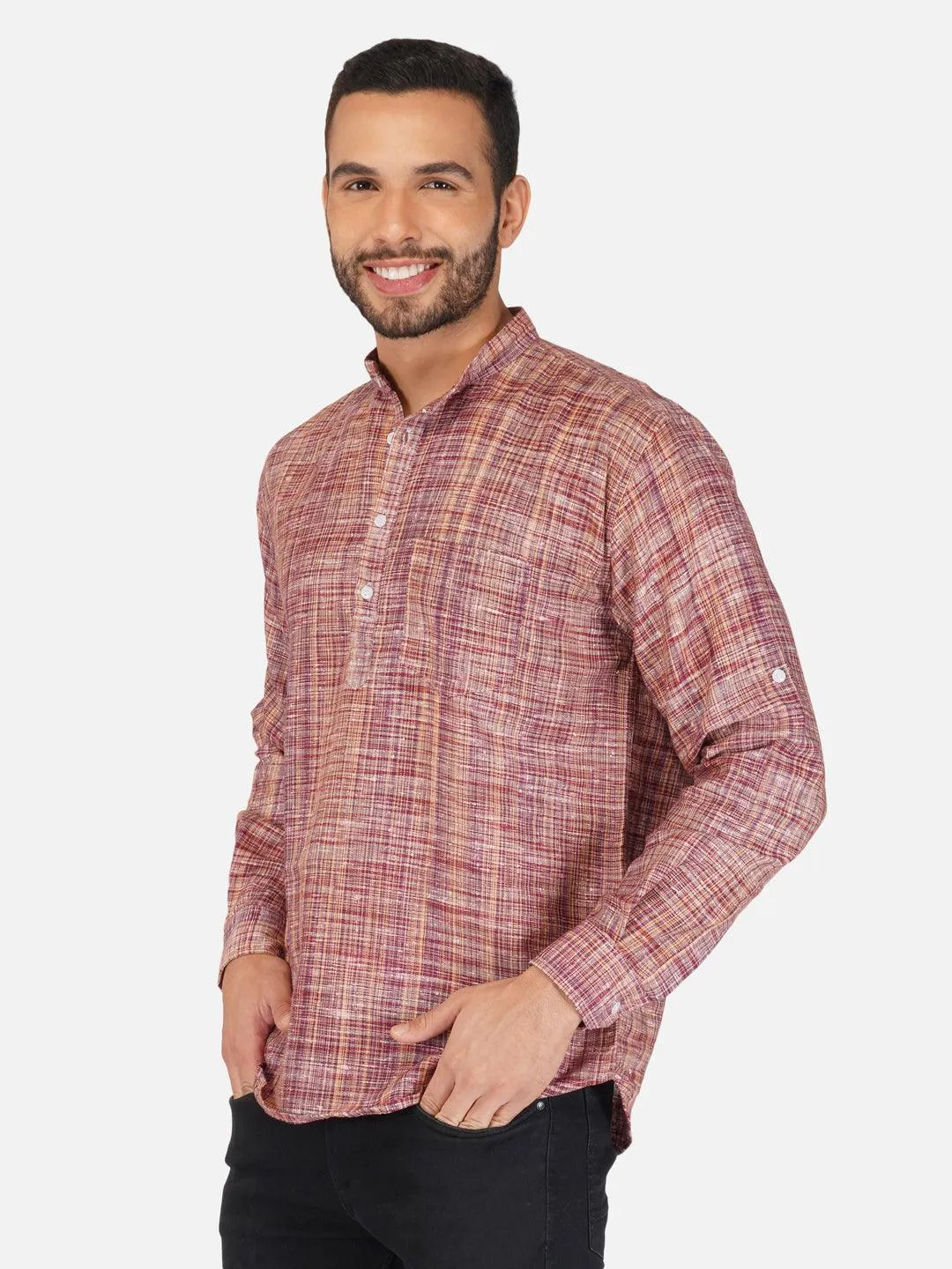 Pure Khadi Short Kurta in Maroon Color