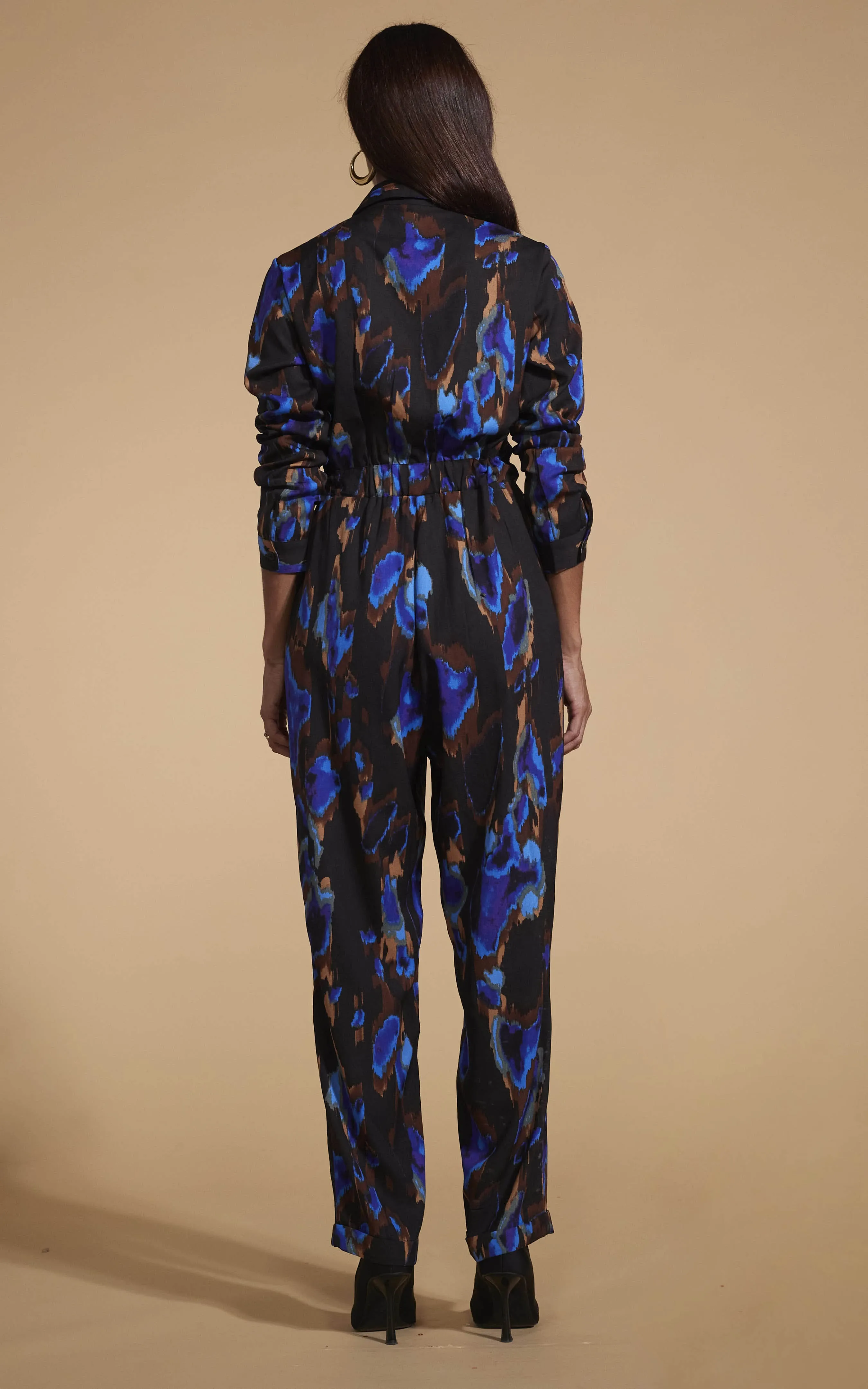 Roxanna Zip Jumpsuit In Camo Abstract Blue On Black