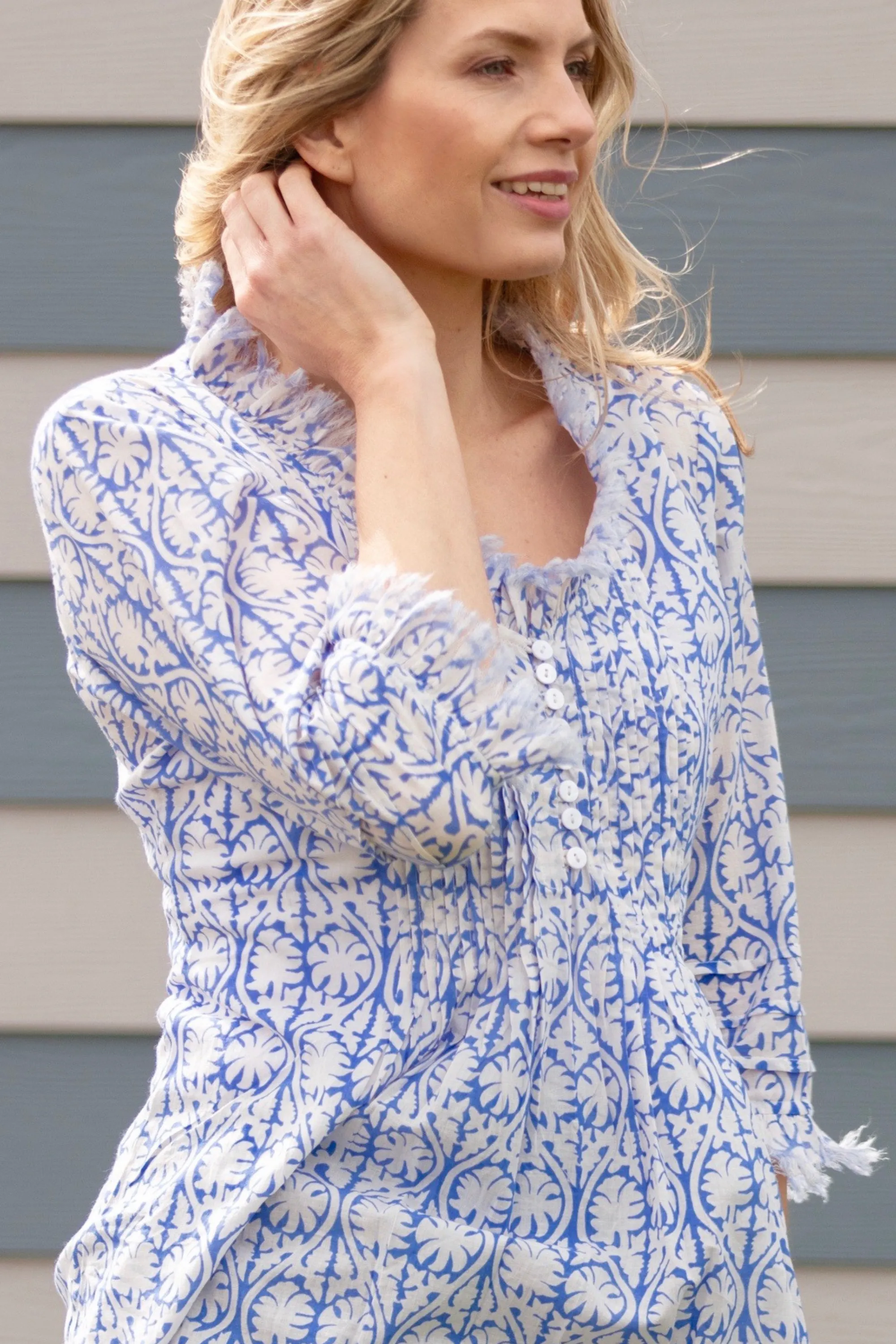 Sophie Cotton Shirt in White with Blue Fern