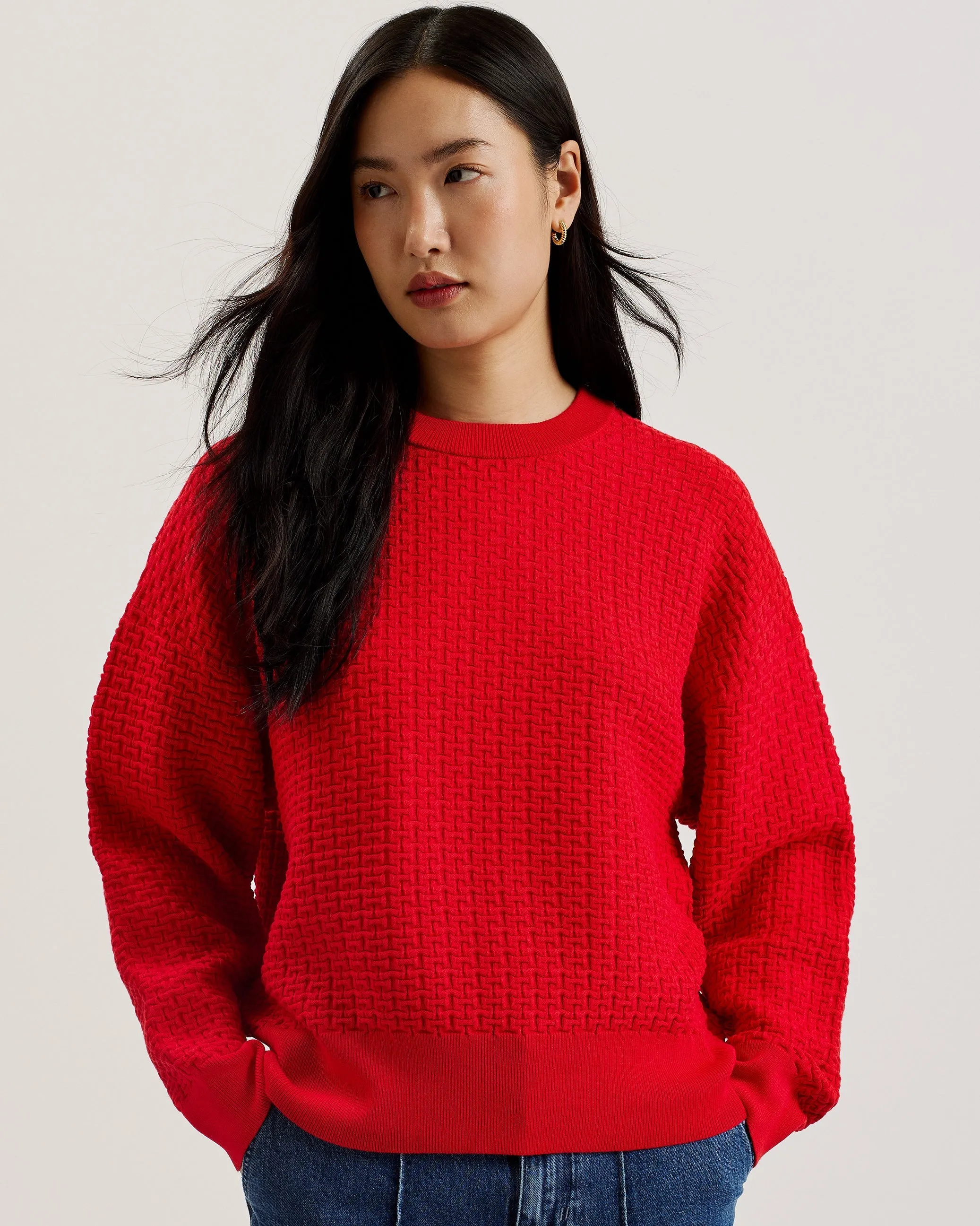 Tedtyy Jacquard Knitted Crew Neck Sweater Red