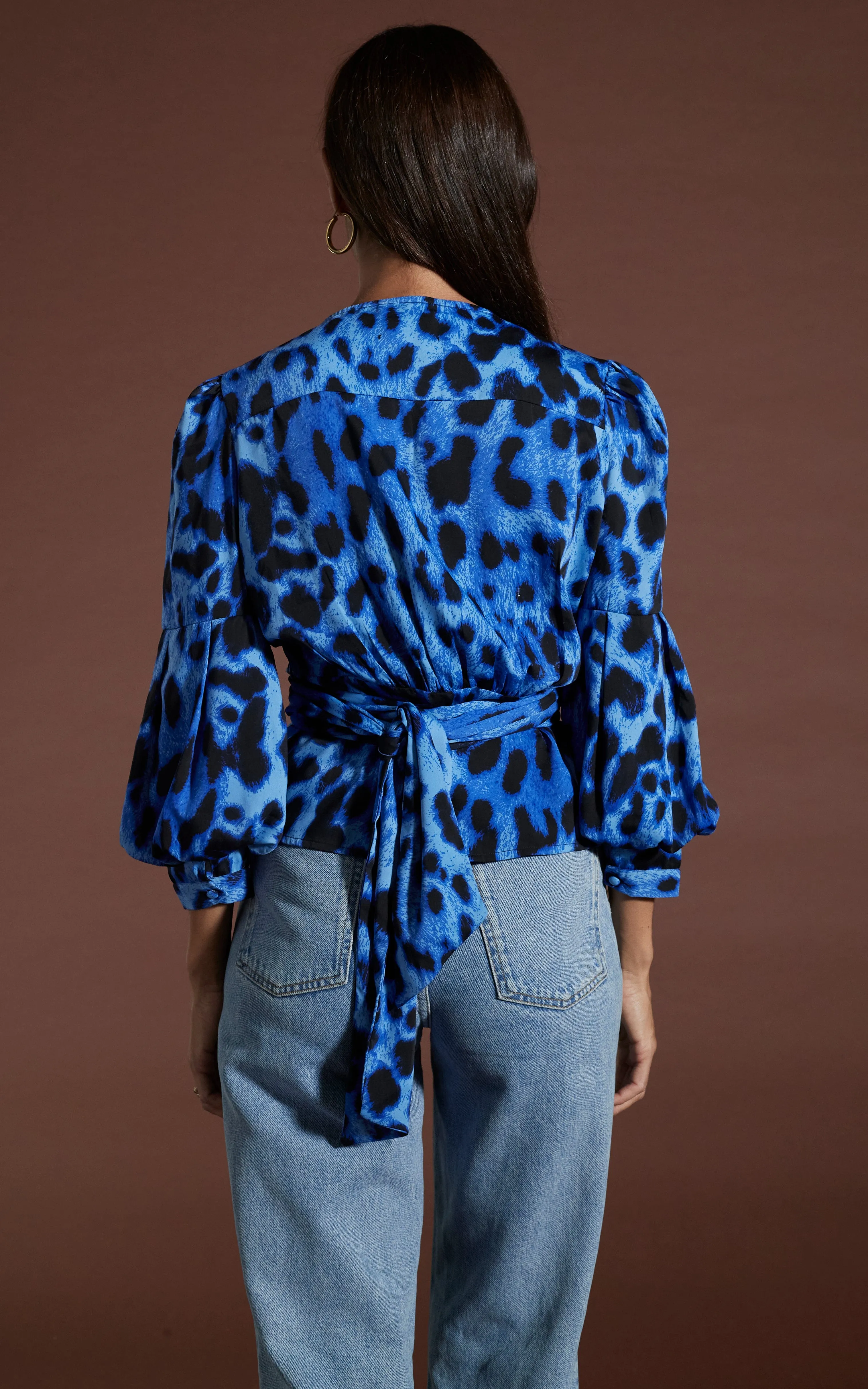 Valentina Wrap Blouse In Bright Blue Leopard