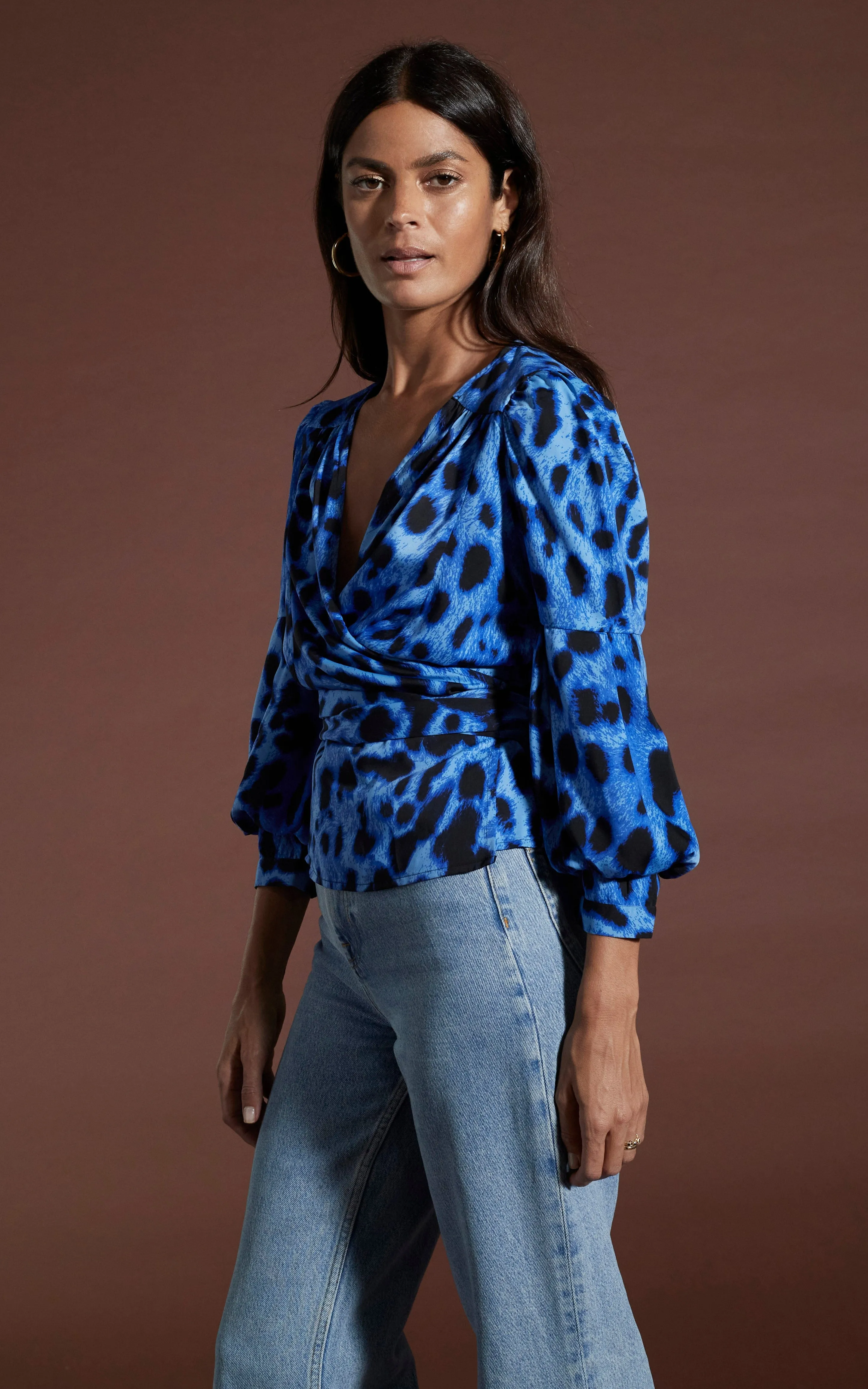 Valentina Wrap Blouse In Bright Blue Leopard