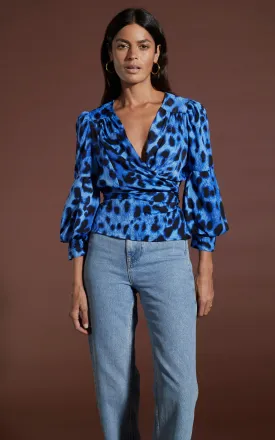 Valentina Wrap Blouse In Bright Blue Leopard