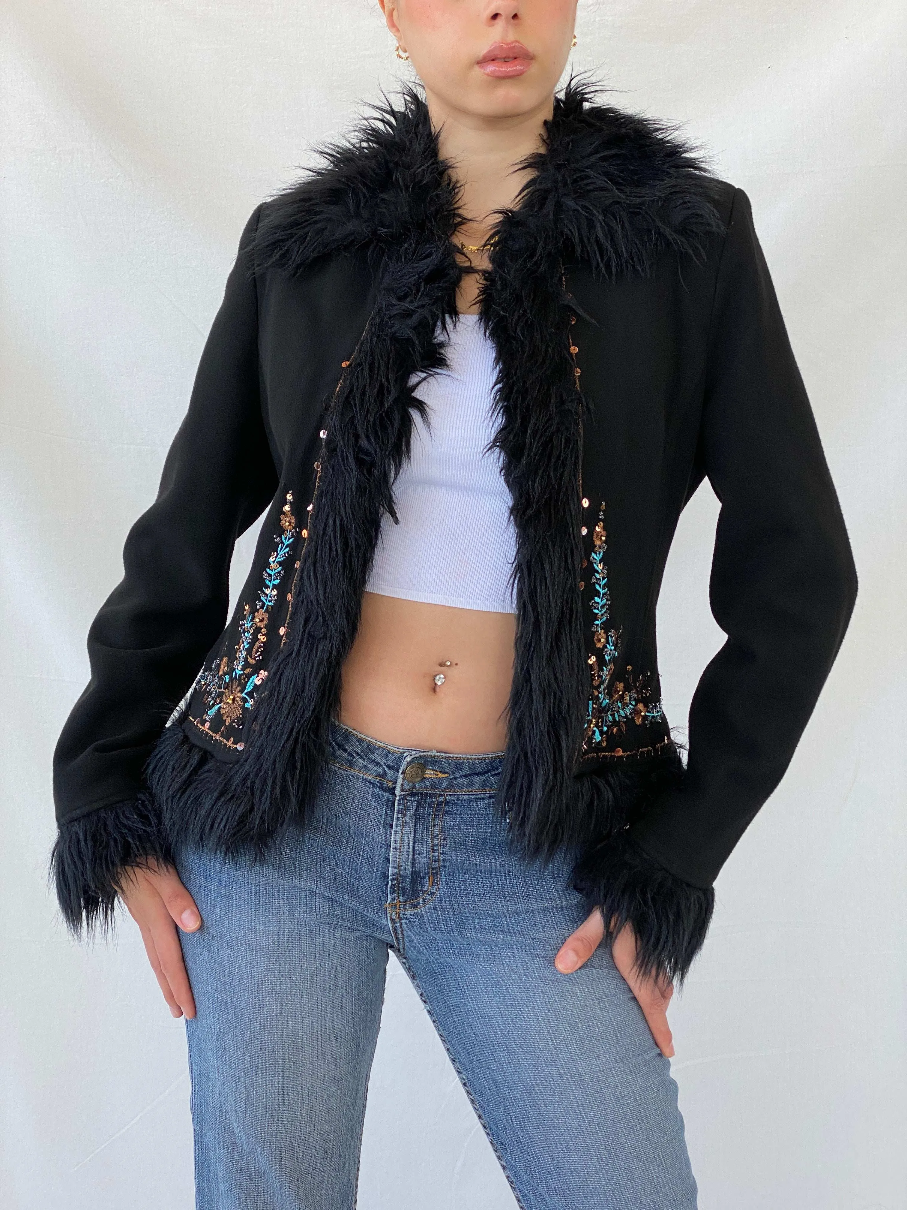 Vintage Favori Sequin Embroidered Faux Fur Afghan Black Jacket - M