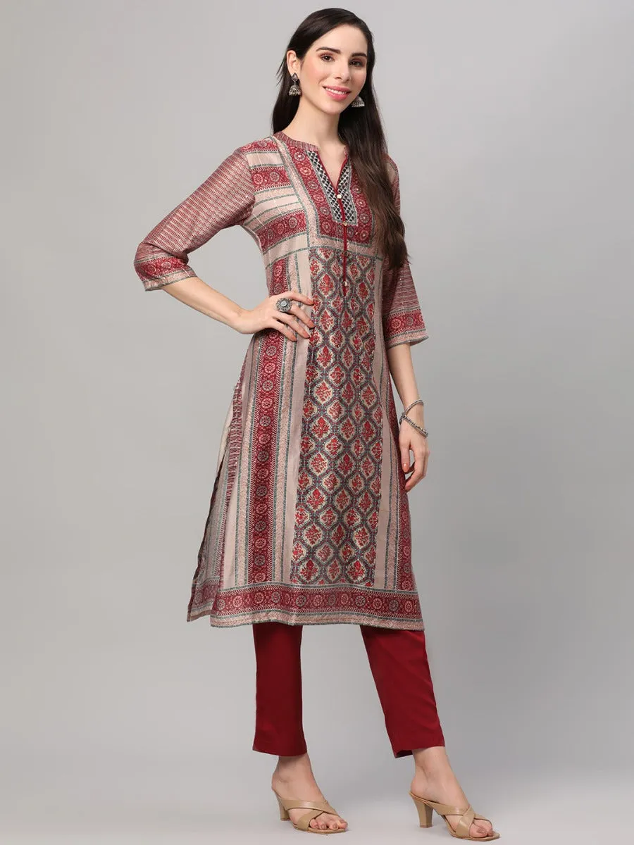 White & Red Ornamental Printed Kurta Trouser Dupatta