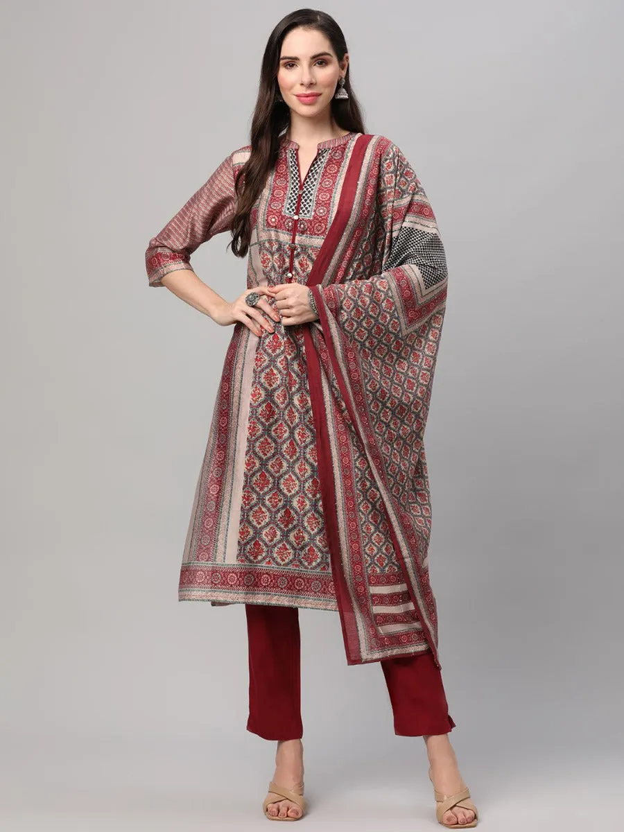 White & Red Ornamental Printed Kurta Trouser Dupatta