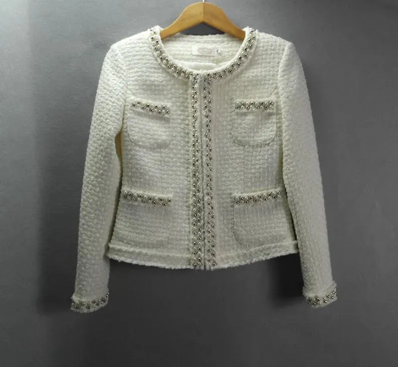 White Tweed Suit Pearls Decoration Tweed Jacket   Long / Short Skirt / Trousers Pants Shorts