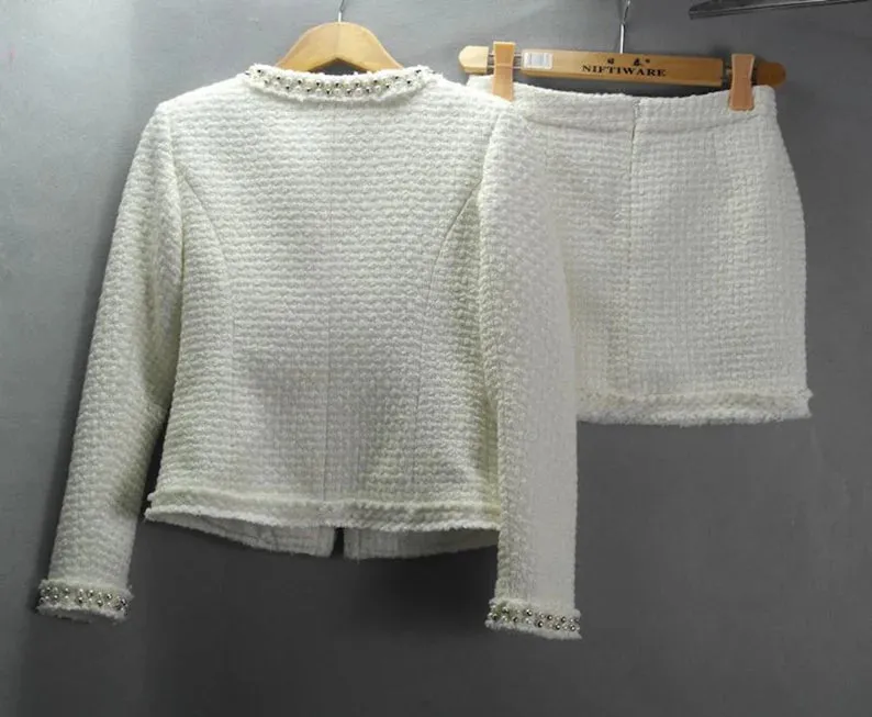 White Tweed Suit Pearls Decoration Tweed Jacket   Long / Short Skirt / Trousers Pants Shorts