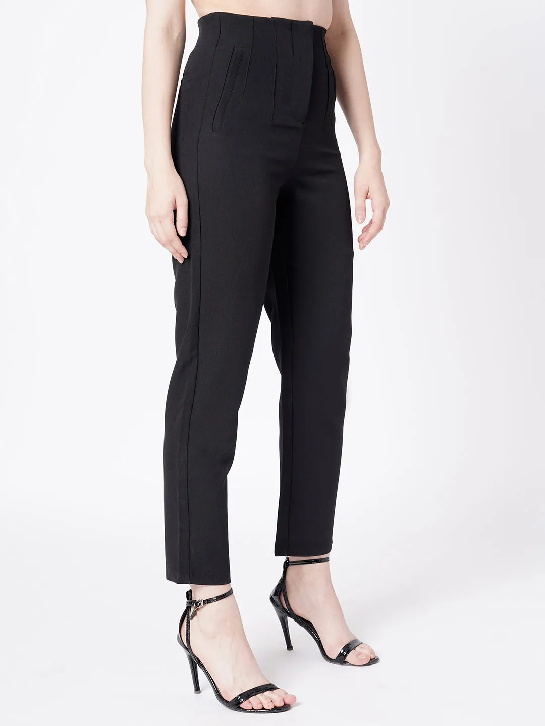 Women Black Mid-Rise Slim Fit Trouser