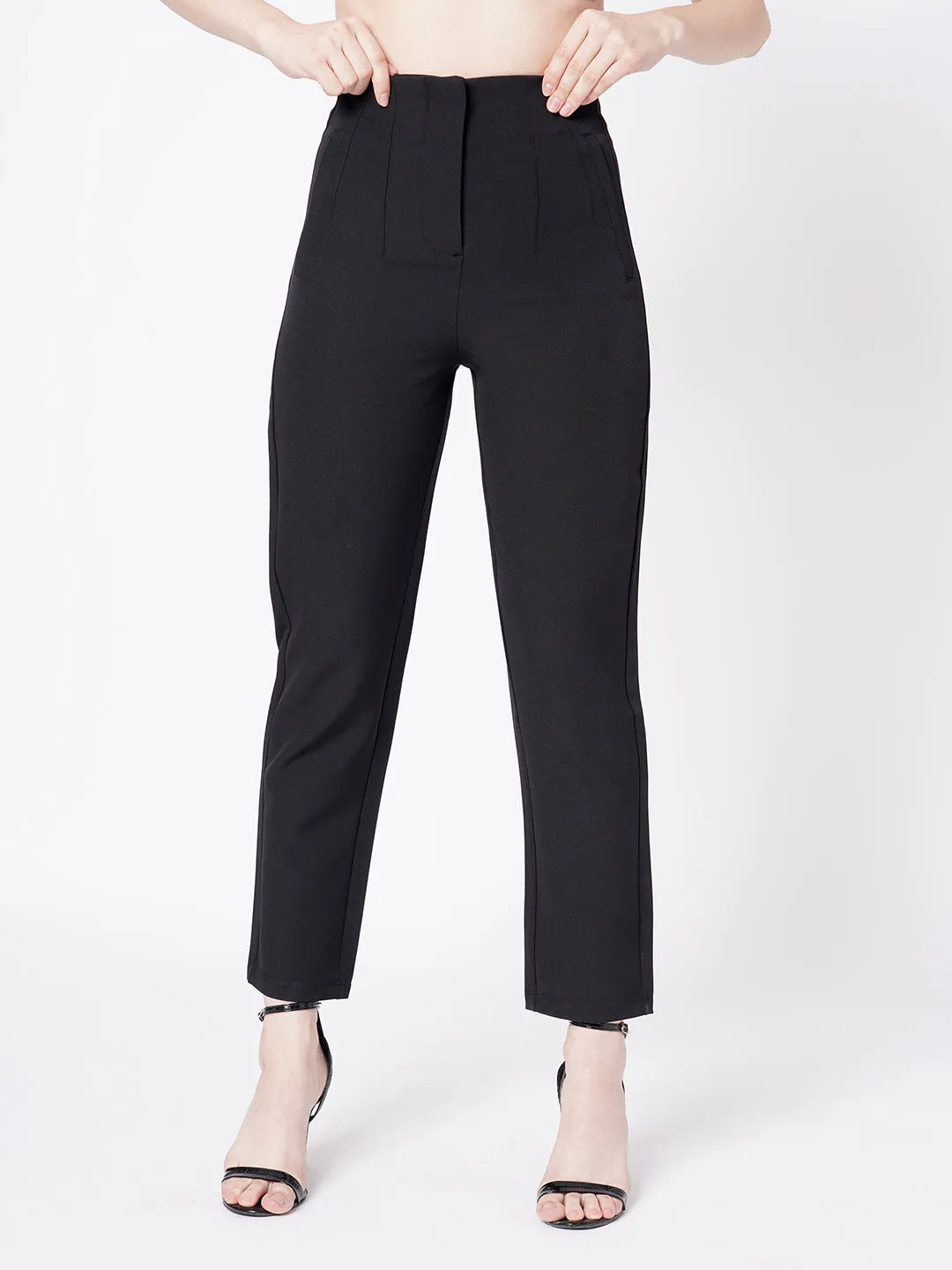 Women Black Mid-Rise Slim Fit Trouser