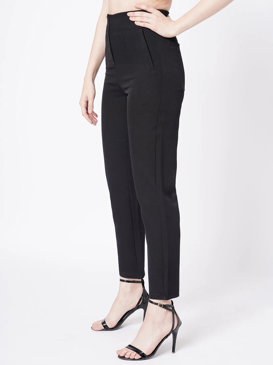 Women Black Mid-Rise Slim Fit Trouser