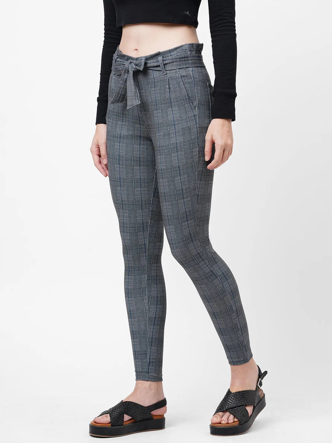 Women High-Rise Checked Paper Bag Pants