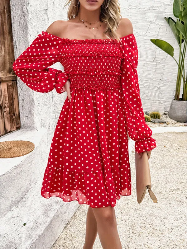 Women's Elegant Cuffed Sleeve Ruched Polka Dot Flowy Dress