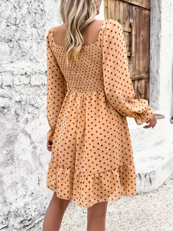 Women's Elegant Cuffed Sleeve Ruched Polka Dot Flowy Dress