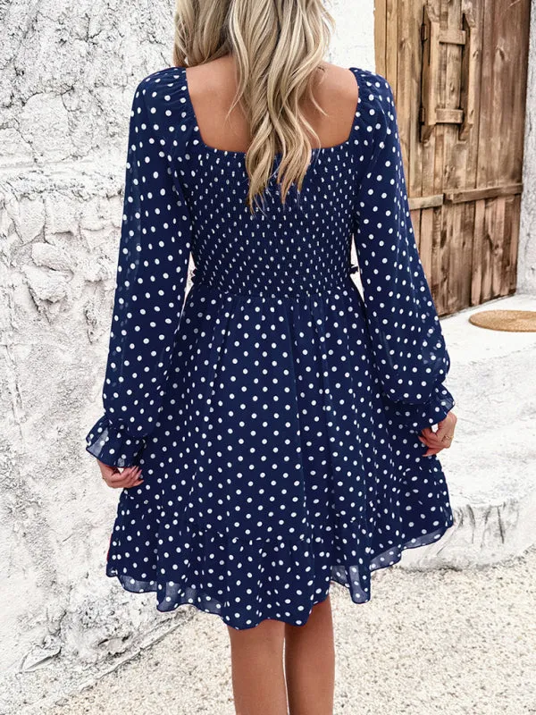 Women's Elegant Cuffed Sleeve Ruched Polka Dot Flowy Dress