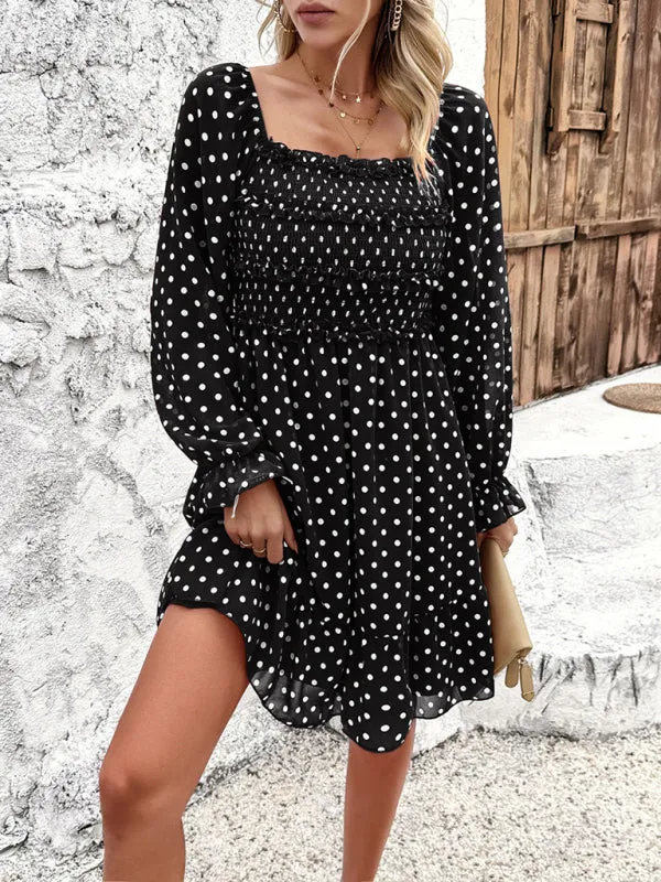 Women's Elegant Cuffed Sleeve Ruched Polka Dot Flowy Dress