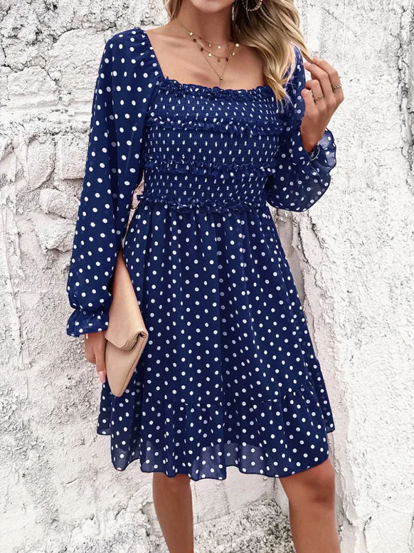 Women's Elegant Cuffed Sleeve Ruched Polka Dot Flowy Dress