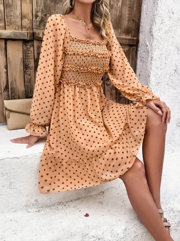 Women's Elegant Cuffed Sleeve Ruched Polka Dot Flowy Dress