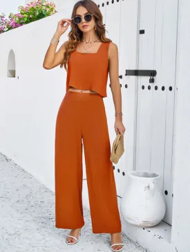 Women's Square Neck Sleeveless Top And Matching Wide Leg Trousers