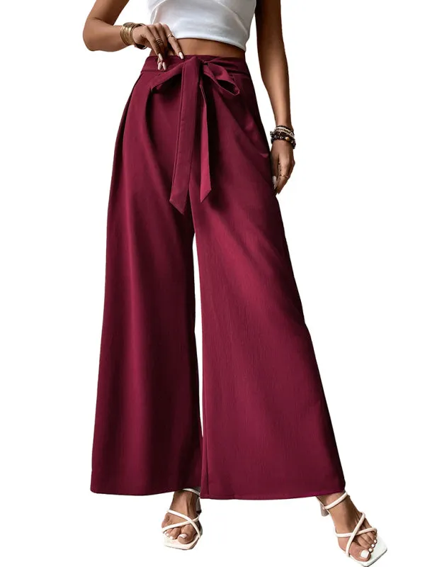 Women's Wide Leg Tailored Trousers With Tie Waist Detail