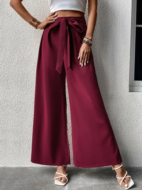 Women's Wide Leg Tailored Trousers With Tie Waist Detail