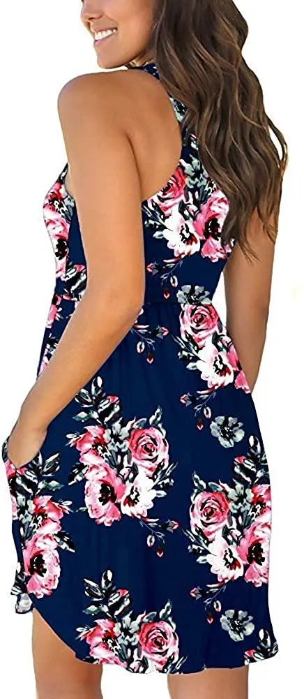 YUNDAI Women Summer Casual Sleeveless Boho Floral Elastic Sundress Loose Swing Short Dress with Pockets